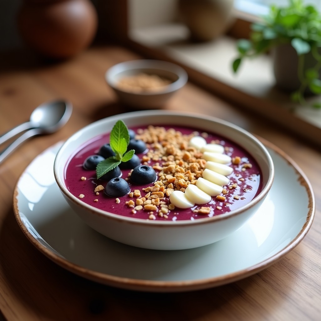 Smoothie Bowl de Açaí y Granola de Coco vegano en un bol blanco, con base morada cremosa de açaí, cubierto de granola dorada de coco, arándanos frescos, almendras fileteadas y hojas de menta. Plato colorido y saludable sobre fondo de madera clara.