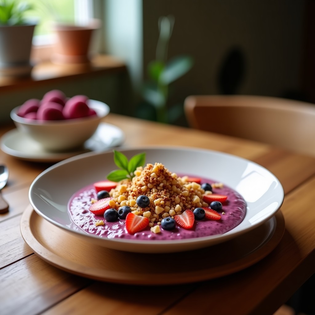Smothie bowl de açaí y leche de camello en bol de cerámica blanca, con base morada oscura coronada por granola de pistacho, sésamo tostado, almendras fileteadas, coco rallado y semillas de granada. Decorado con hojas de menta fresca sobre fondo de madera rústica.
