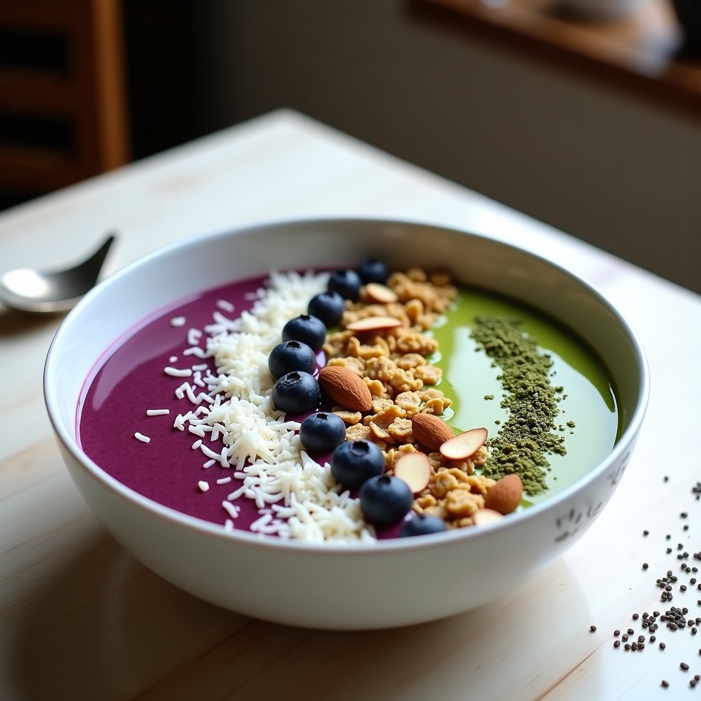 Smoothie bowl de açaí y matcha en bol de cerámica blanco, decorado con granola, coco rallado, almendras fileteadas y arándanos frescos, sobre fondo de madera clara.