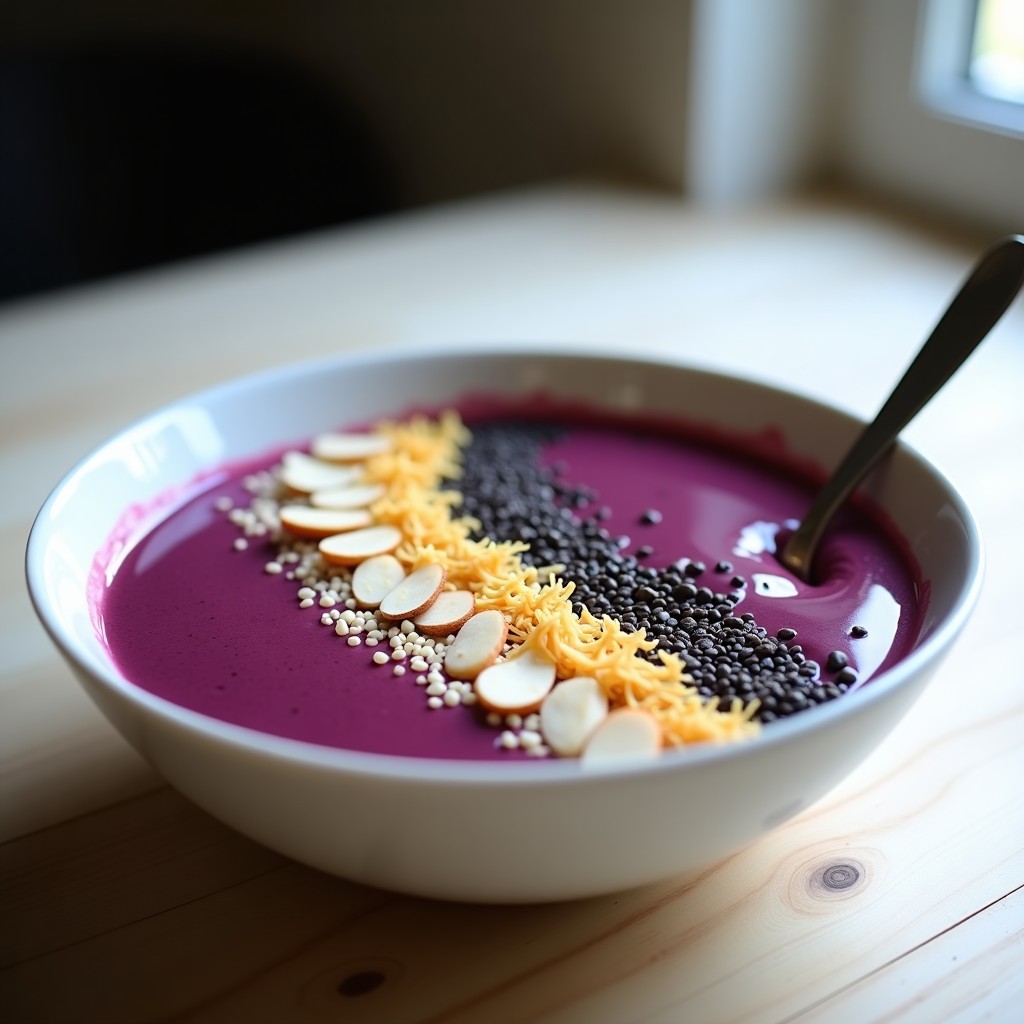 Smoothie bowl de açaí morada keto en bol blanco con toppings de coco rallado, almendras fileteadas y semillas de chía, servido sobre fondo de madera clara.