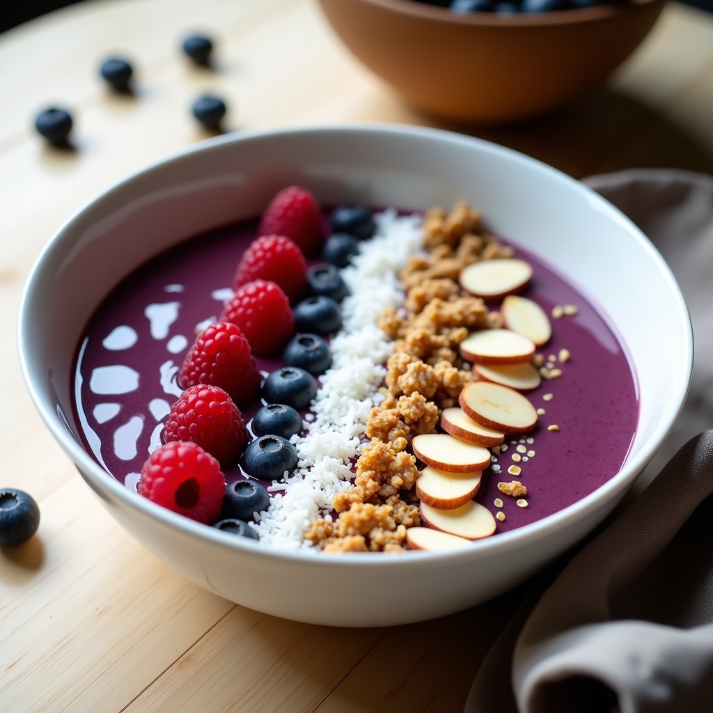 Smoothie bowl de açaí morado en bol blanco con toppings de granola, coco rallado, frambuesas, almendras y semillas de chía, sobre fondo de madera clara.