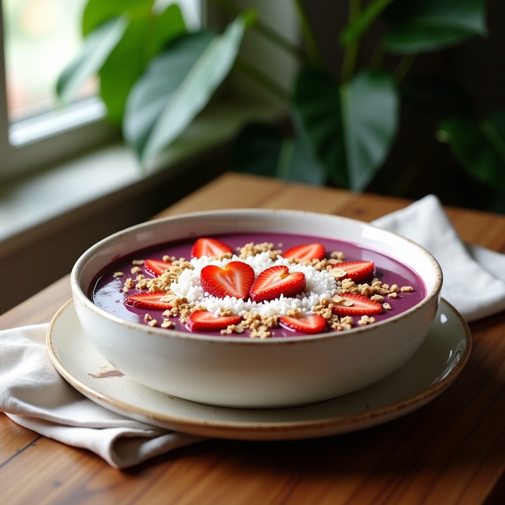 Smoothie bowl de açai y morango en bol blanco rústico, con base morada intensa, decorado con granola, coco rallado, almendras y fresas en rodajas. Receta energética y vegana.