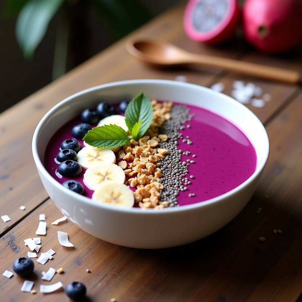 Smoothie bowl de açai y pitahaya en un bol blanco sobre fondo de madera, decorado con granola, coco rallado, arándanos, rodajas de plátano y hierbabuena fresca.