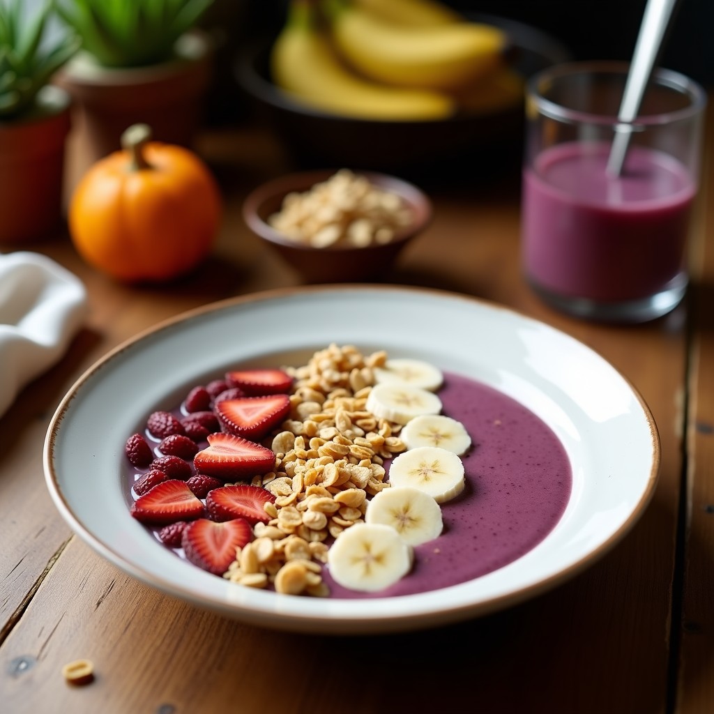 Smoothie bowl de açaí y plátano en un bol blanco con toppings de granola crujiente, coco rallado espolvoreado y arándanos frescos, servido con una cuchara de madera sobre fondo de madera clara.