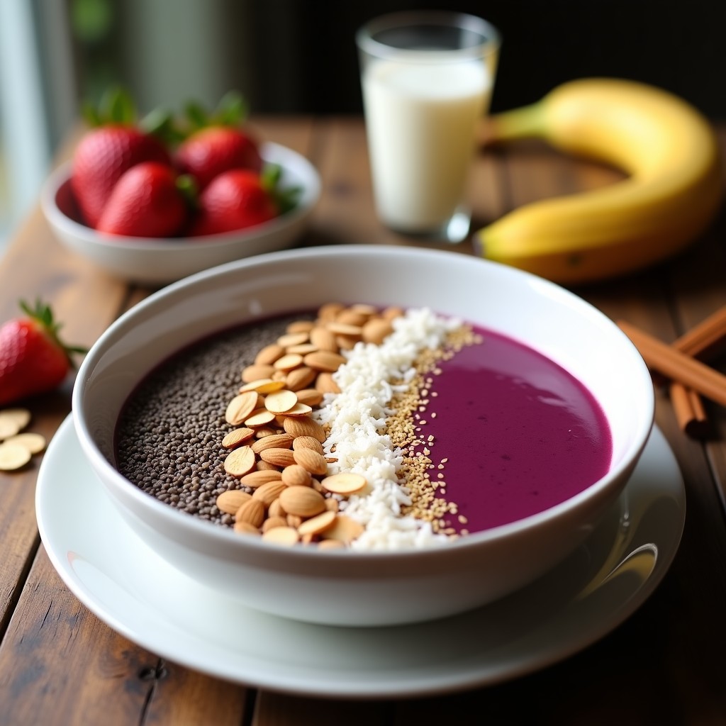 Smoothie bowl de açaí y quinoa en un bol blanco, decorado con quinoa inflada, semillas de chía, almendras fileteadas, coco rallado y canela, sobre una mesa de madera con frutas frescas al fondo.