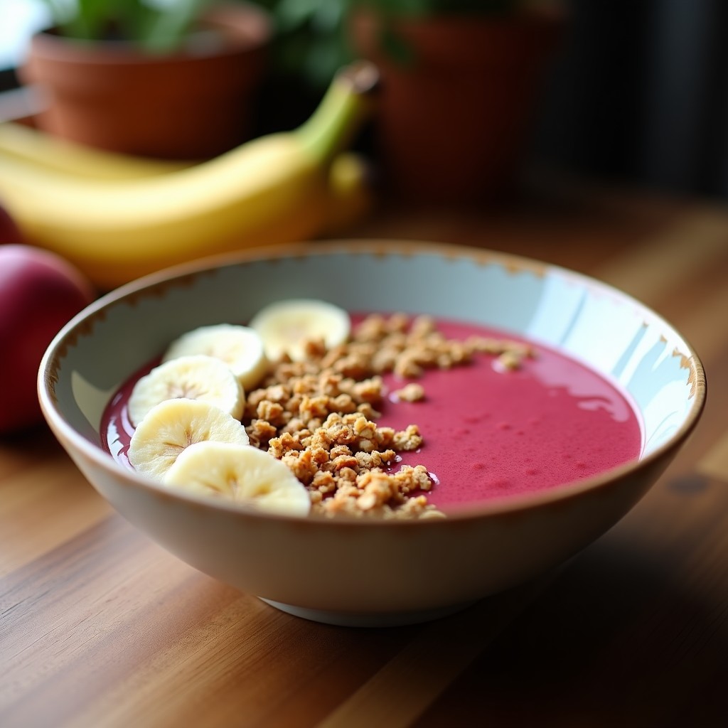 Smoothie Bowl de Acerola y Banana en un bol blanco hondo, con una base cremosa de color naranja claro, cubierto de granola de coco dorada, rodajas de plátano y coco rallado. Fondos borrosos con hojas de palmera y frutas tropicales.