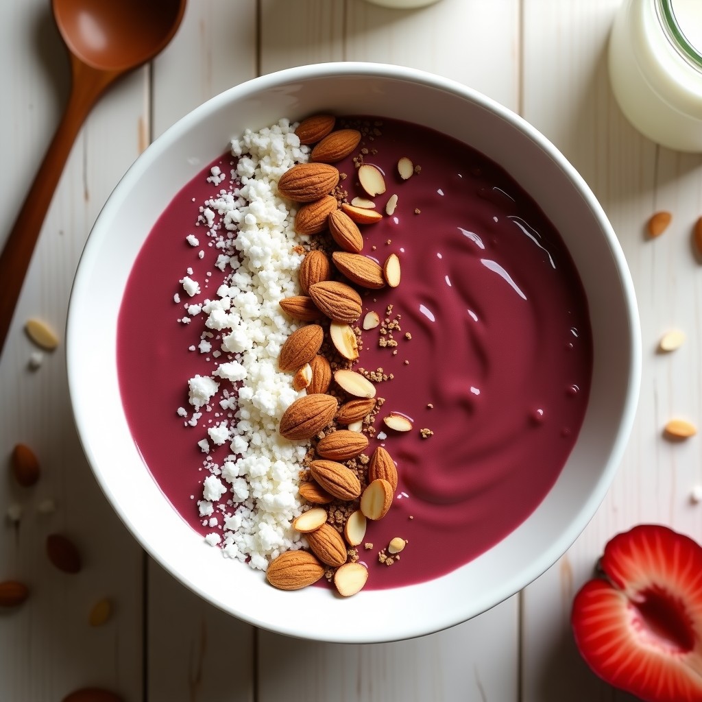Smoothie bowl de acerola y cacao en bol blanco, con base cremosa de color marrón rojizo, decorado con almendras fileteadas tostadas, coco rallado y canela en polvo, sobre fondo de madera clara.