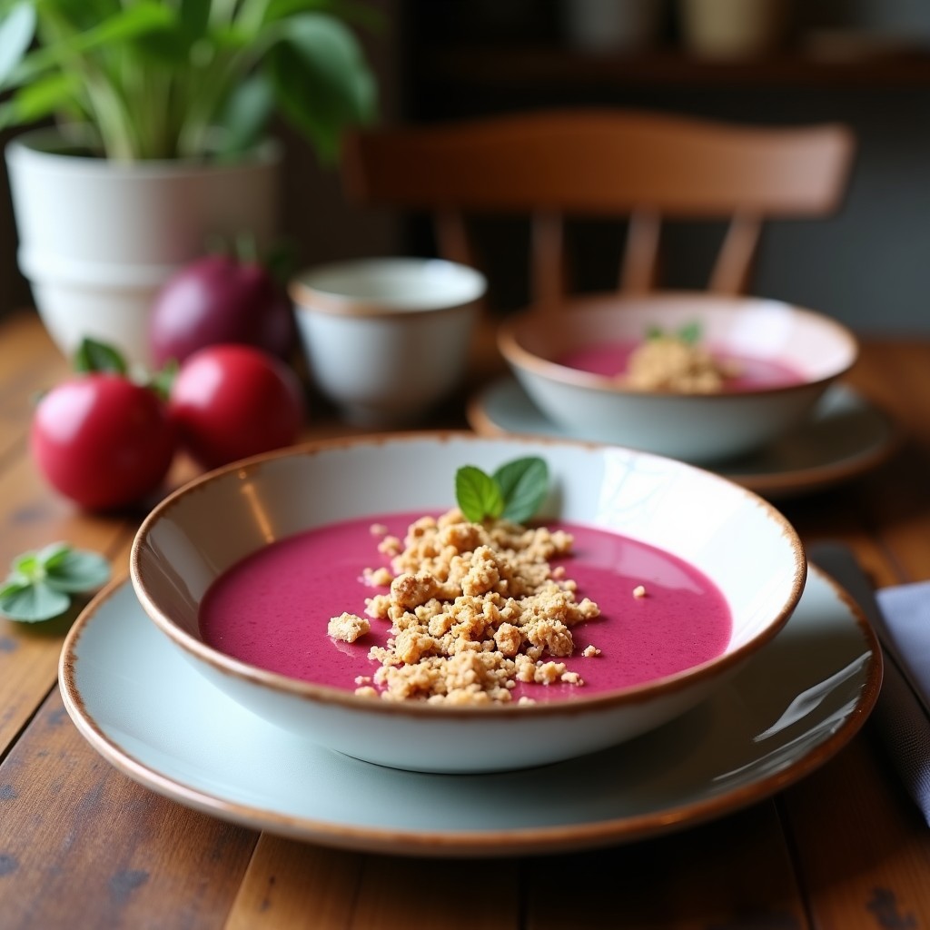 Smoothie bowl de acerola y chía con granola de coco en un bol de cerámica blanca, decorado con granola crujiente, coco rallado, almendras fileteadas y hojas de menta fresca sobre un fondo de madera clara.