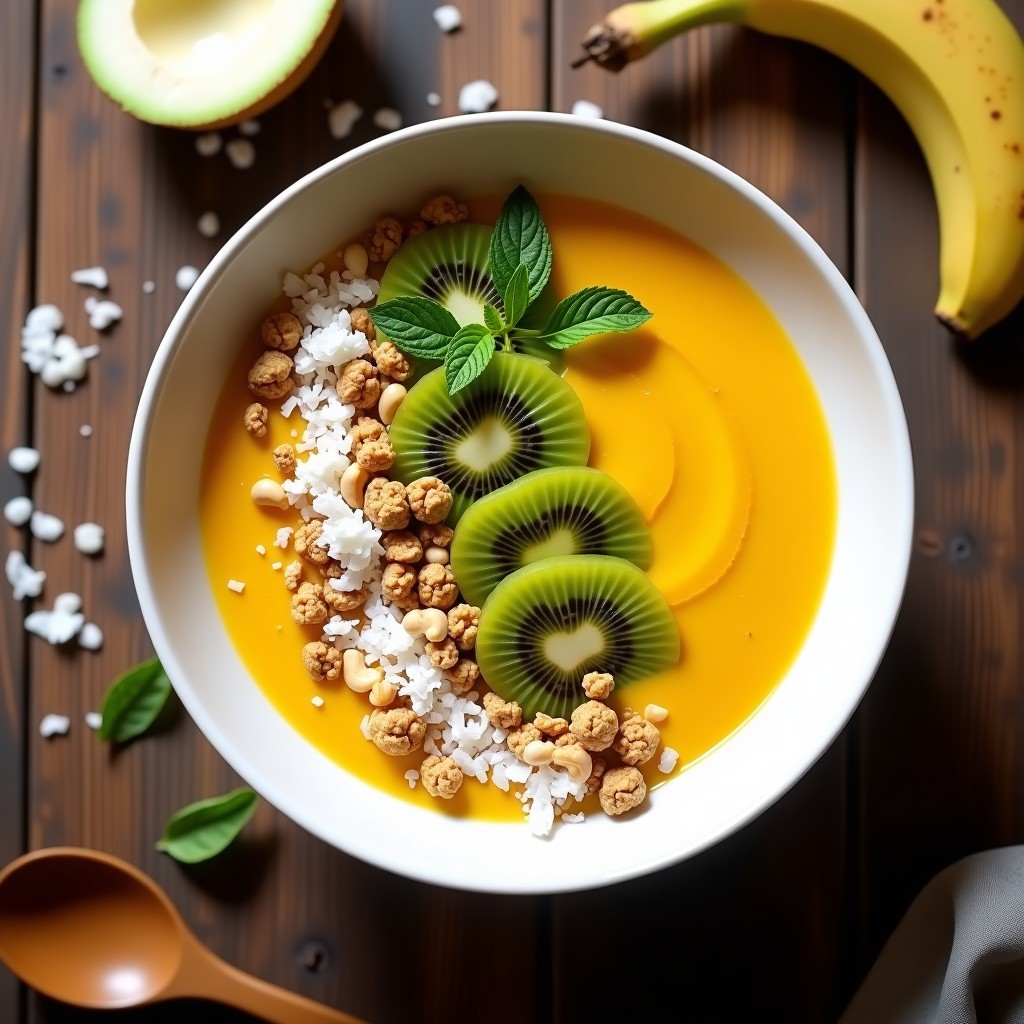 Smoothie bowl de acerola y cúrcuma en un bol de barro blanco, con base cremosa de color amarillo dorado, decorado con granola de castaña de cajú, copos de coco tostados, rodajas de kiwi verde y hojas de menta fresca. Receta brasileña antioxidante y vegana.