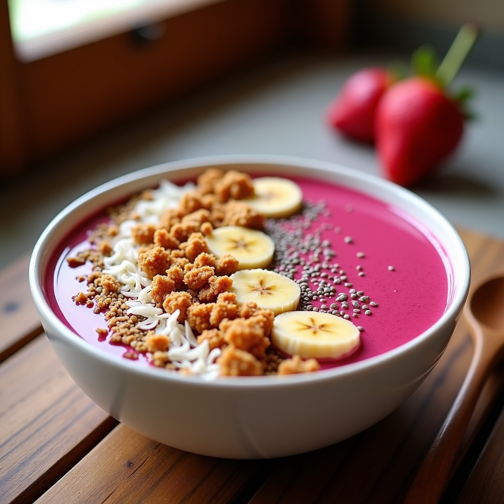 Smoothie bowl cremoso de color rosado intenso decorado con granola dorada de quinoa, coco rallado y semillas de chía, servido en un bol blanco sobre fondo rústico. Desayuno brasileño energético con acerola y guaraná.