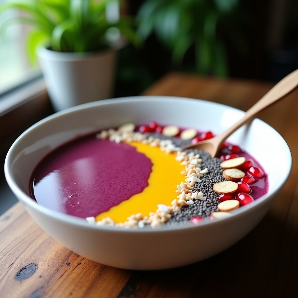 Bowl de cerámica blanca con smoothie bowl de acerola y semillas de chía, decorado con copos de coco, almendras fileteadas y semillas de granada. Textura cremosa con vetas moradas y amarillas, servido con cuchara de madera sobre fondo rústico de madera.