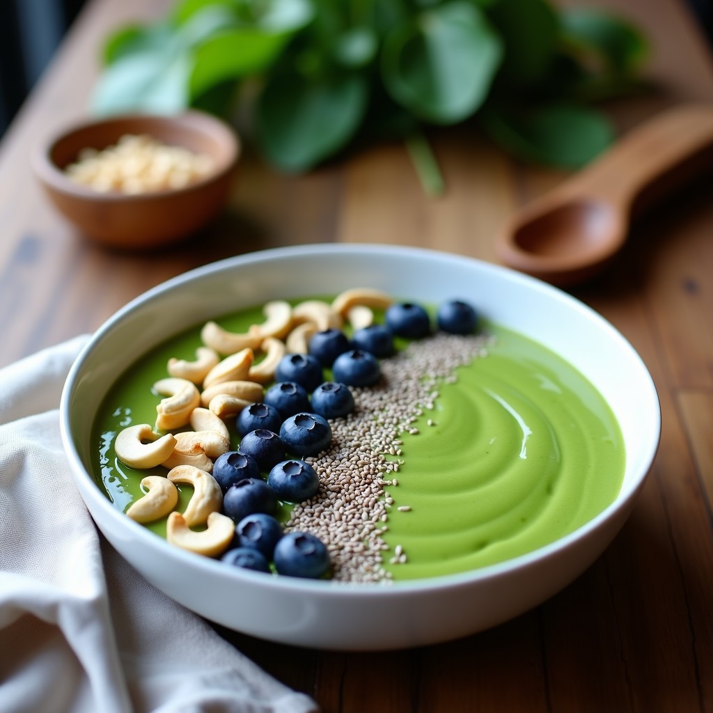 Smoothie bowl verde vibrante en bol de cerámica con toppings de arándanos, anacardos, semillas de chía y coco rallado, receta alta en proteína y algas.