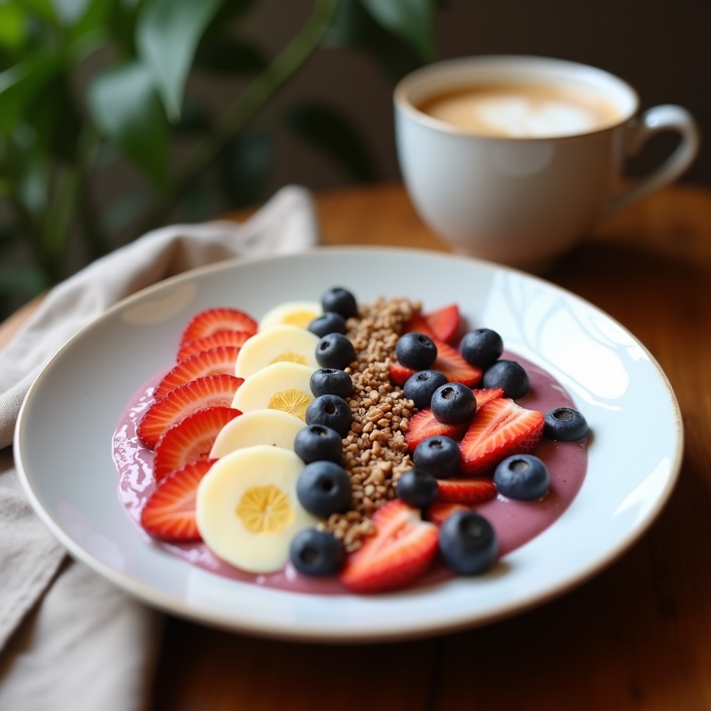 Smoothie bowl cremoso de color marrón claro en un bol blanco, decorado con almendras fileteadas, coco rallado y cacao en polvo. Receta de smoothie bowl de café energético keto.