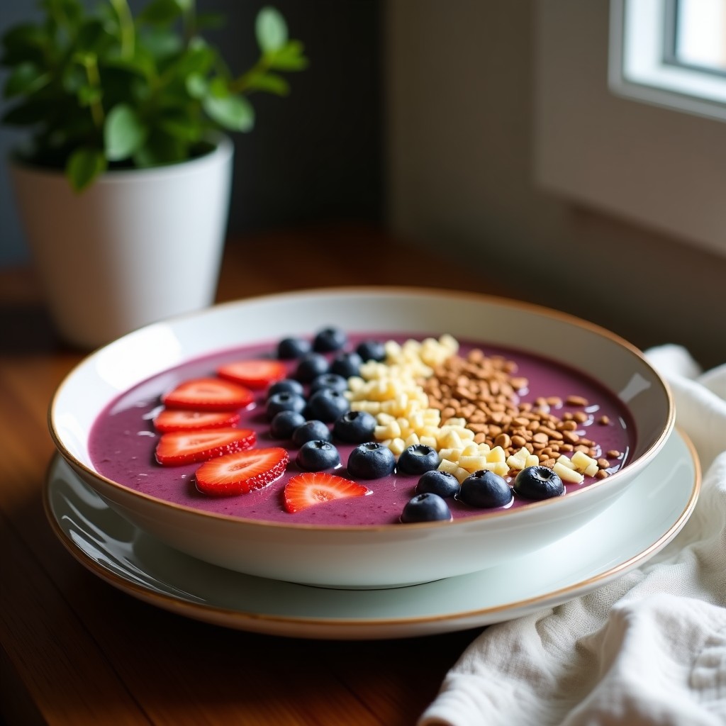 Smoothie bowl cremoso de color marrón claro en un bol blanco, decorado con avena, semillas de chía, almendras fileteadas y cacao en polvo, con un fondo rústico de madera.