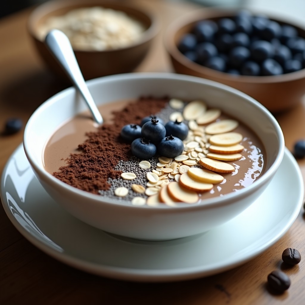 Smoothie bowl de café proteico vegano en bol blanco con textura cremosa, decorado con avena, almendras fileteadas, arándanos y semillas de chía, sobre fondo de madera rústica.