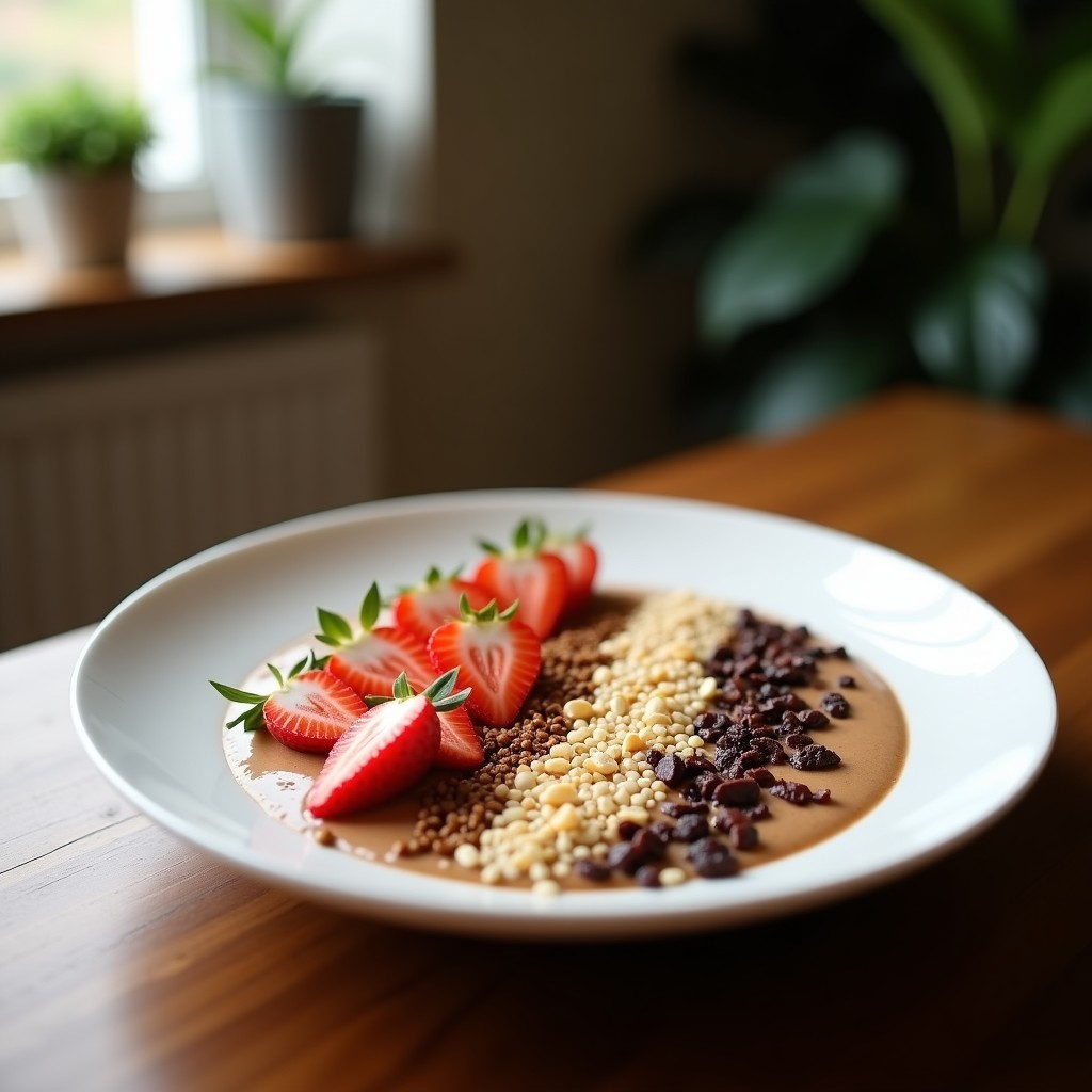 Smoothie bowl de café y tahini en un bol blanco con decoración de almendras tostadas y coco rallado, servido con cuchara de madera sobre fondo rústico.