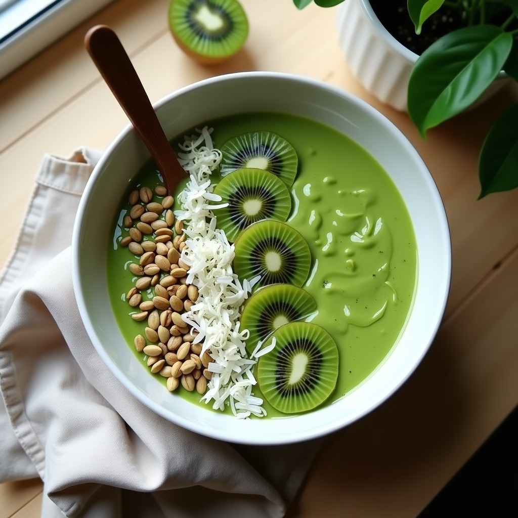 Smoothie Bowl de Clorofila con Kiwi y Semillas de Calabaza: bol blanco con mezcla verde esmeralda cremosa, decorado con rodajas de kiwi, semillas de calabaza, copos de coco y germinados de alfalsa. Desayuno detox y alcalino.