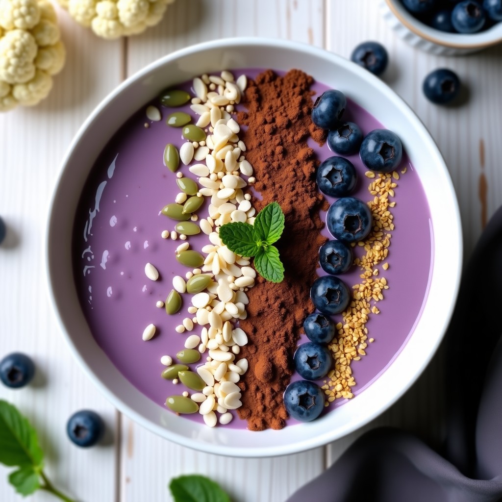 Smoothie bowl morado vibrante de coliflor y arándanos en un bowl de cerámica blanca, decorado con granola crujiente, coco rallado, almendras fileteadas y semillas de chía. Textura cremosa y toppings distribuidos artísticamente.