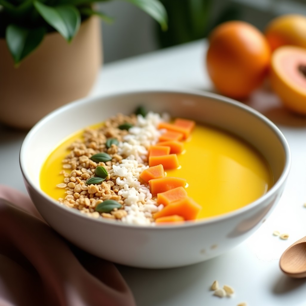 Smoothie bowl de cúrcuma y papaya en un bol blanco, con base cremosa de color amarillo dorado, decorado con granola crujiente, coco rallado, semillas de calabaza y trozos de papaya fresca. Fondo claro con toques tropicales.