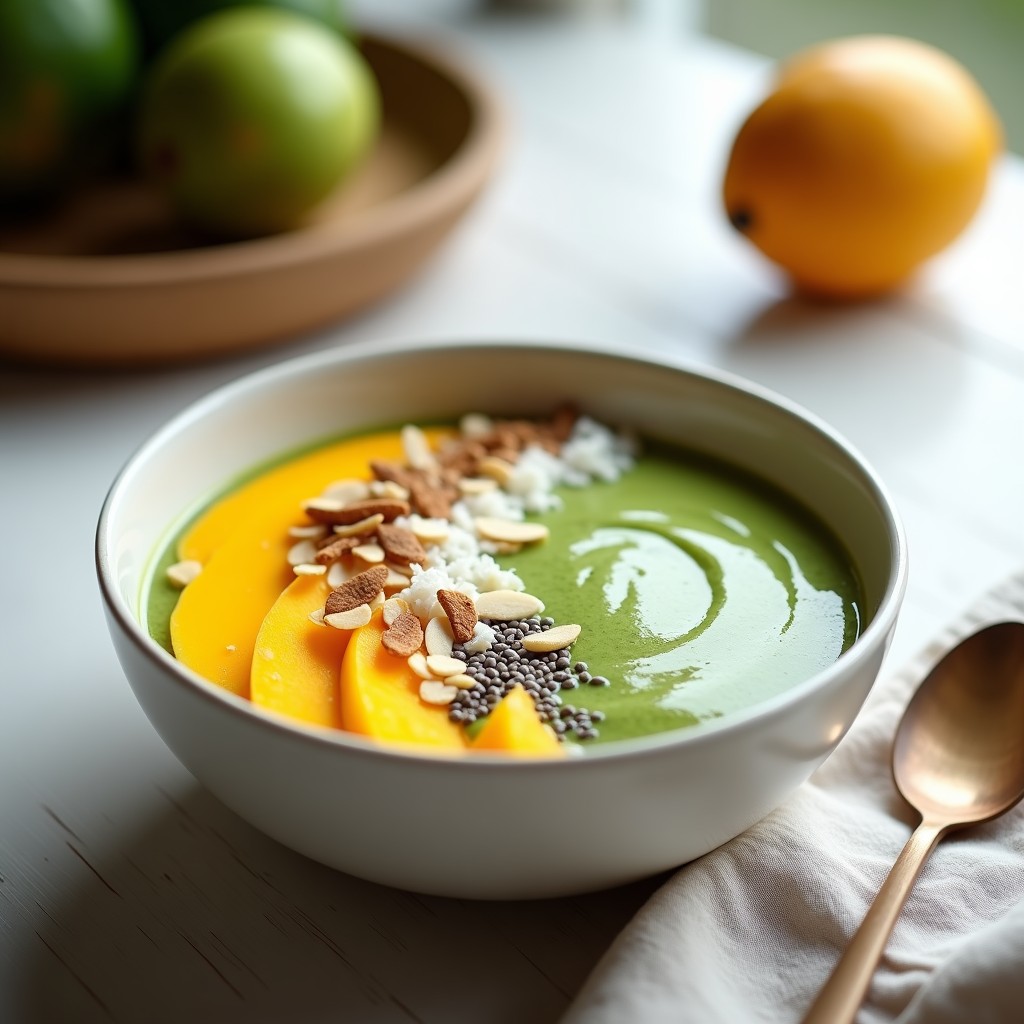 Smoothie bowl de espinaca y mango en un bol blanco, con una base verde vibrante y toppings de virutas de coco, almendras fileteadas y avena. Desayuno detox y saludable listo para servir.