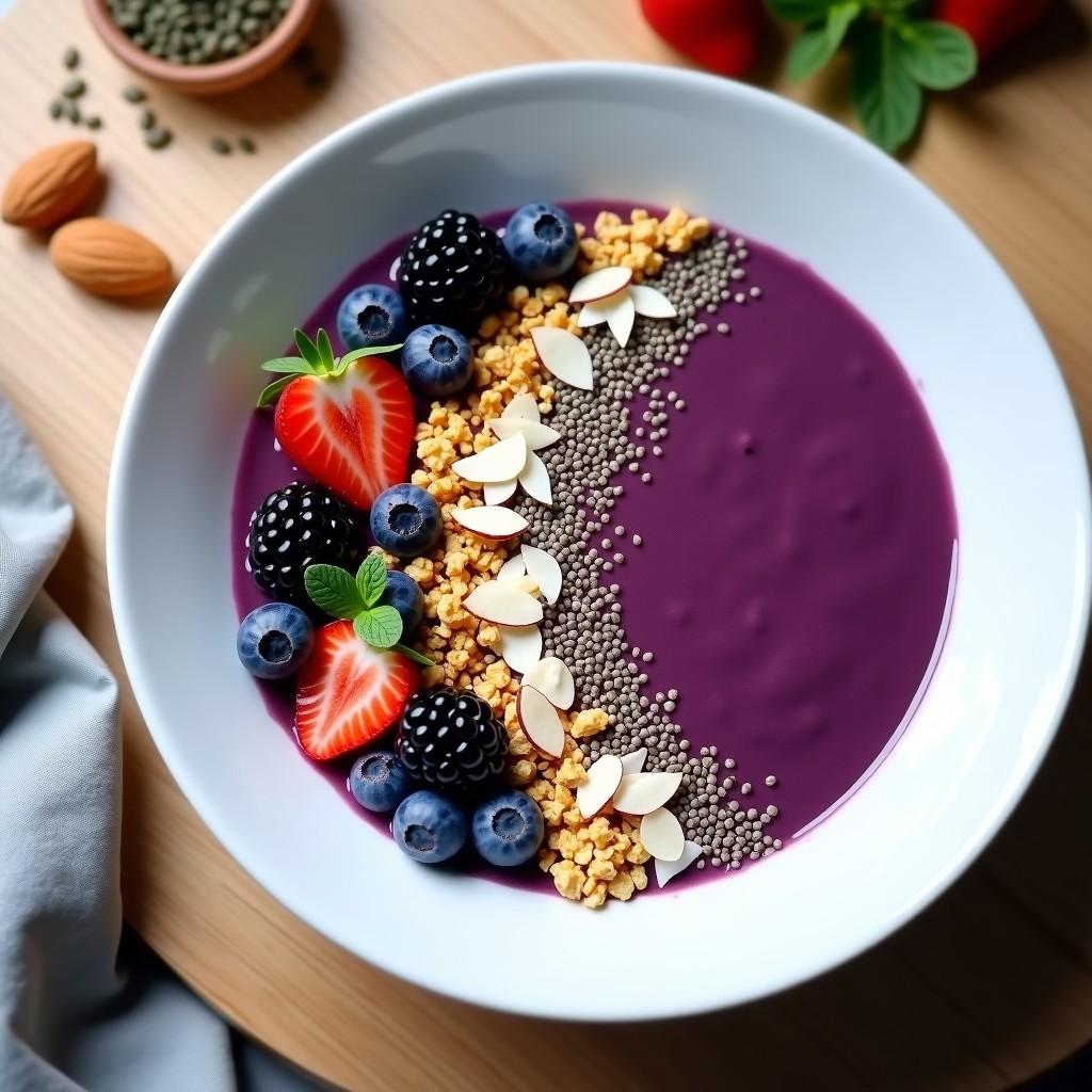 Smoothie bowl de espirulina y frutos del bosque con granola de quinoa en un bol de cerámica blanca, decorado con coco rallado, almendras fileteadas y granolita crujiente dorada. Fondos de frutos del bosque frescos y semillas de chía esparcidas. Desayuno superalimentos sin lactosa.
