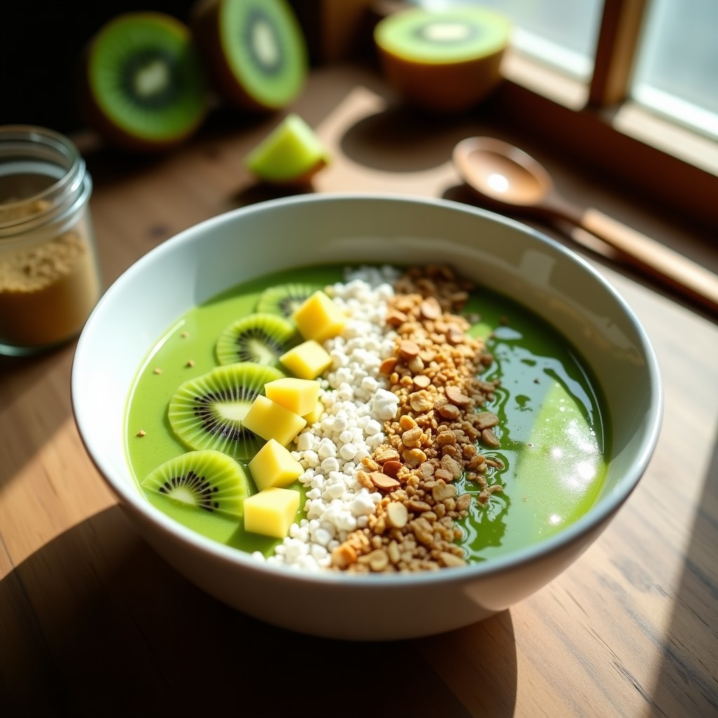 Smoothie bowl de espirulina y kiwi en un bol blanco sobre una mesa de madera, con toppings de granola, coco rallado, almendras y rodajas de kiwi. Desayuno detox colorido y saludable.