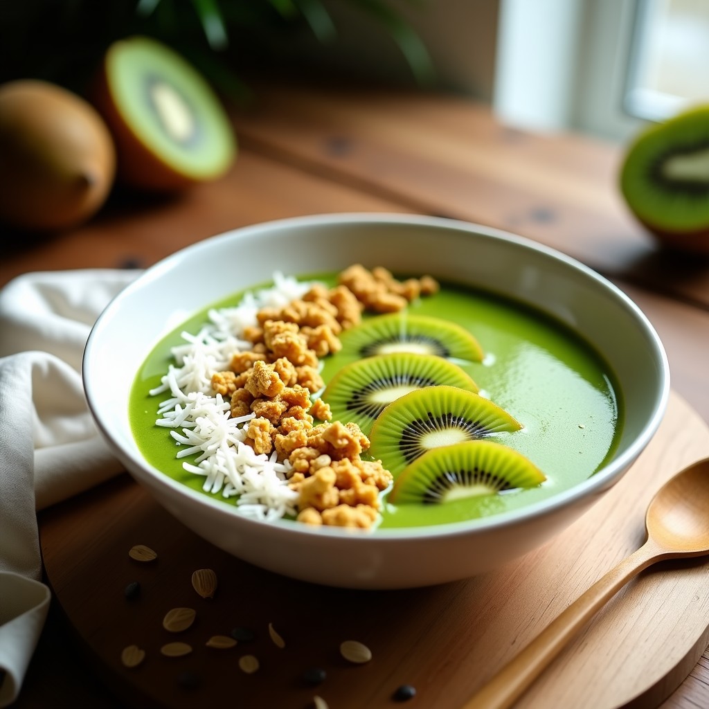 Smoothie Bowl de Espirulina y Kiwi con Granola de Cúrcuma servido en un bol blanco hondo, con una base verde vibrante de smoothie, decorado con granola dorada especiada, coco rallado y rodajas de kiwi fresco. Desayuno superfood colorido y nutritivo.