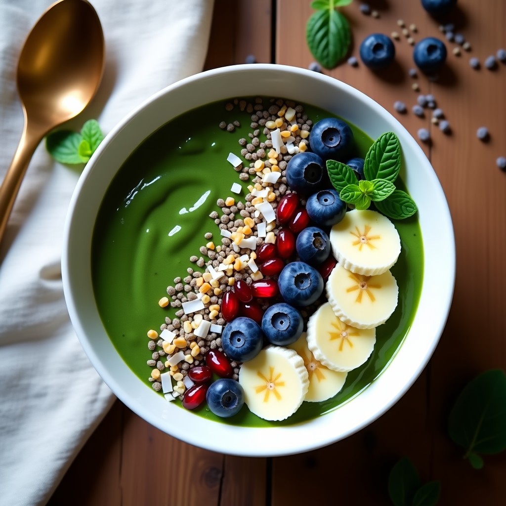 Smoothie bowl de espirulina y plátano en un bol de cerámica blanca, con base cremosa de color verde azulado, decorado con semillas de cáñamo, crema de anacardos, copos de coco, arándanos, granada y hojas de menta. Desayuno detox sin lactosa y vegano.