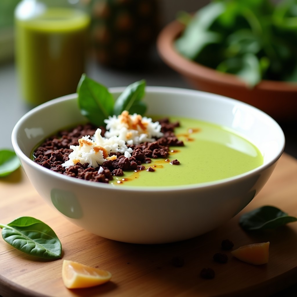 Smoothie bowl de guanábana y espinacas con granola de cacao en un bol blanco sobre fondo de madera. Capas cremosas de color verde claro coronadas con granola oscura de cacao, coco rallado y pétalos de rosa comestibles. Desayuno tropical sin lactosa, saludable y vibrante.