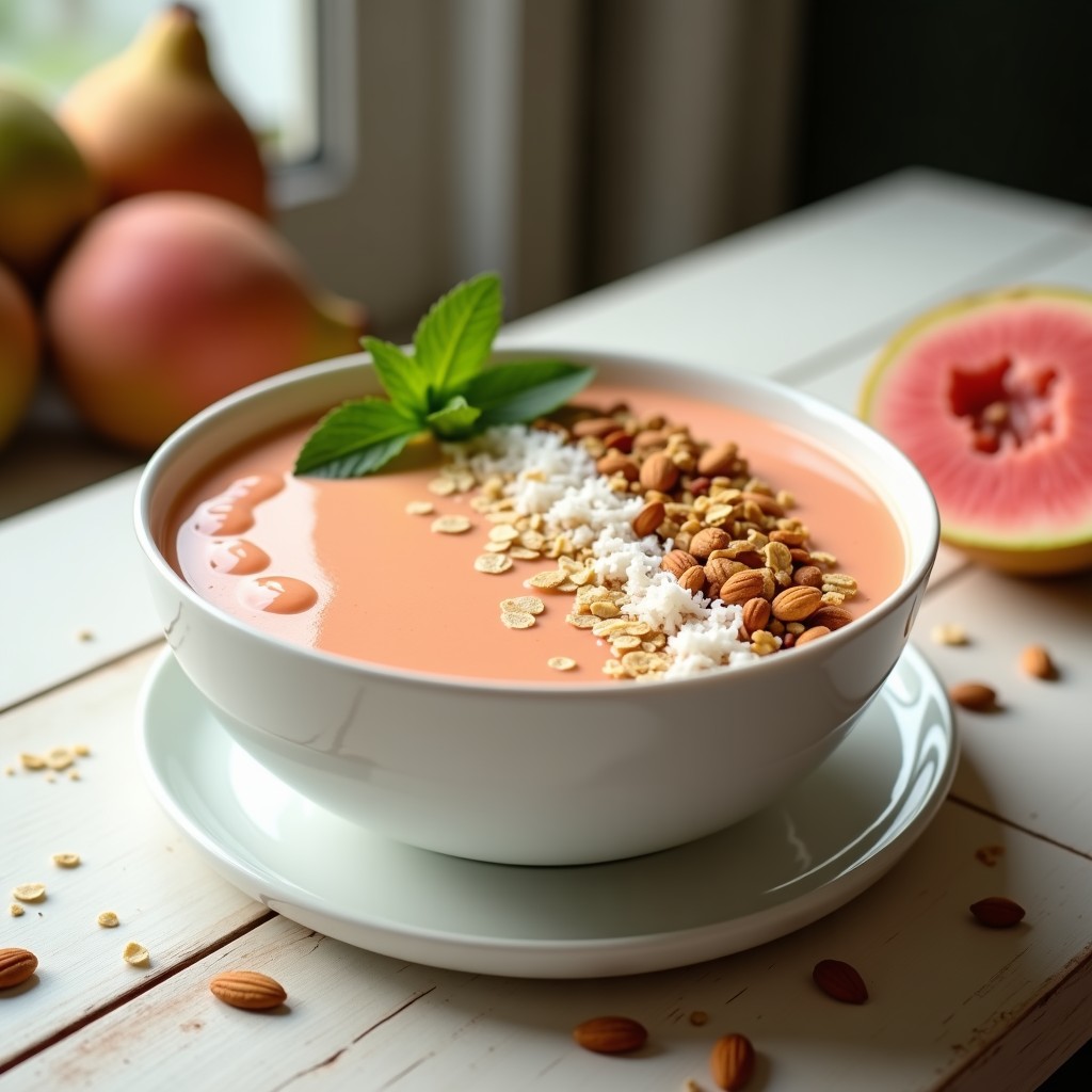 Bol de smoothie bowl de guayaba y avena con toppings de granola, coco rallado y almendras fileteadas, decorado con hojas de menta sobre un fondo de madera clara.