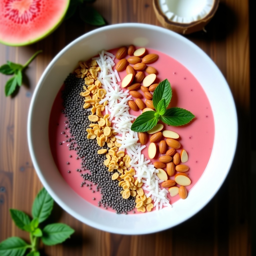 Bol de cerámica blanca con smoothie bowl de guayaba y chía, base cremosa de color rosado pálido, decorado con granola dorada, coco rallado, almendras fileteadas tostadas y hojas de menta fresca. Fondo con texturas tropicales y luz natural.