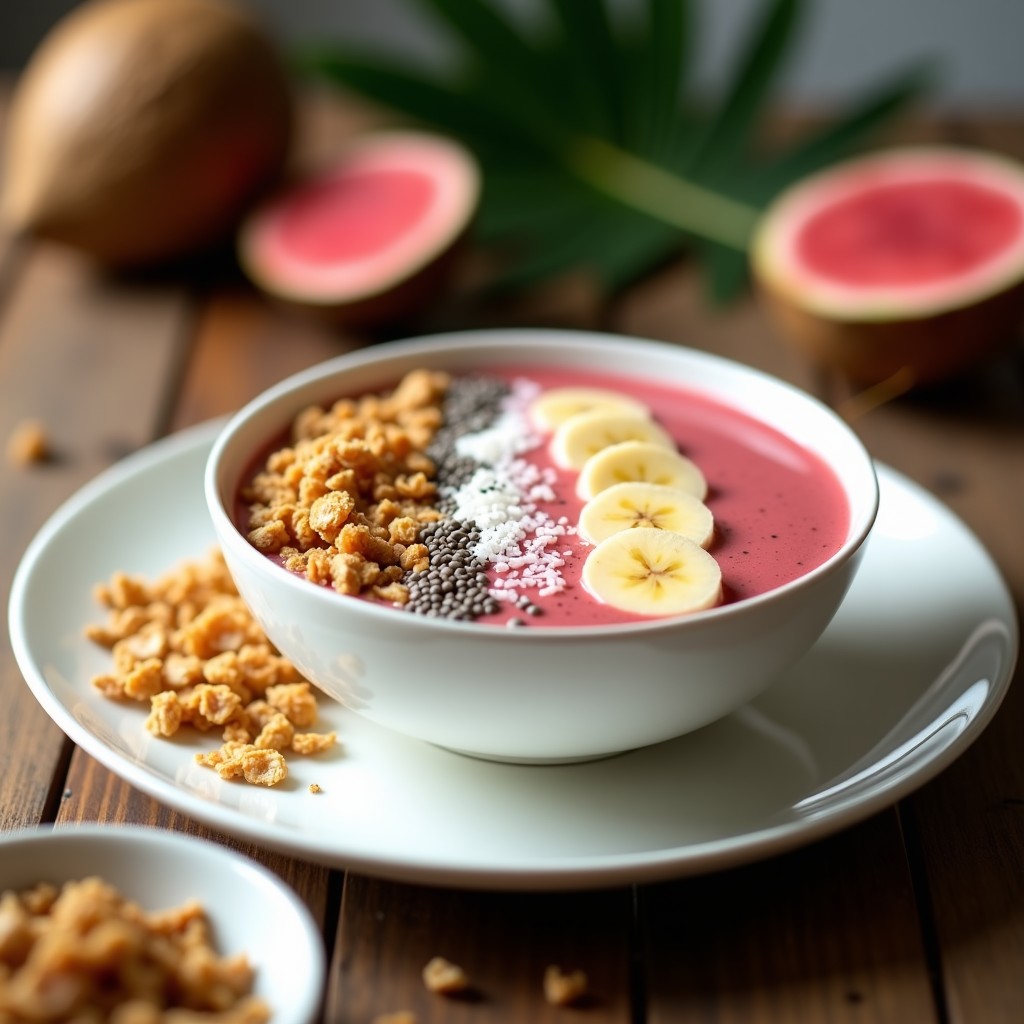 Smoothie Bowl de Guayaba y Semillas de Chía con Granola de Quinoa servido en un bol de barro blanco, con capas de smoothie cremoso color salmón, granola dorada de quinoa y almendras, decorado con coco rallado y canela, sobre una mesa de madera rústica con hojas de plátano de fondo.