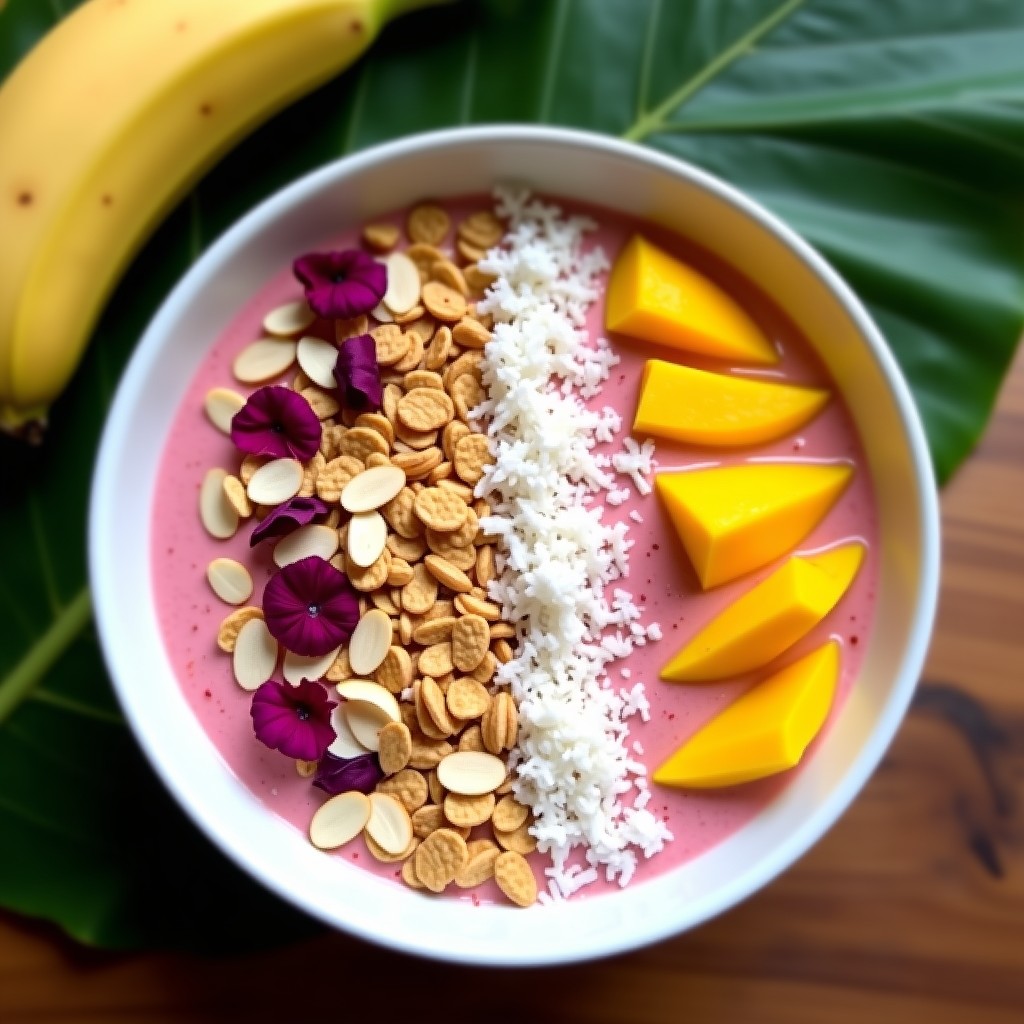 Smoothie Bowl de Guayaba y Yogur de Soja en un bol blanco hondo, con cremosa base rosa pálido, decorado con copos de avena tostados, coco rallado, almendras fileteadas y arils de granada rojos. Fondo de madera clara y hojas de plátano para ambiente tropical.