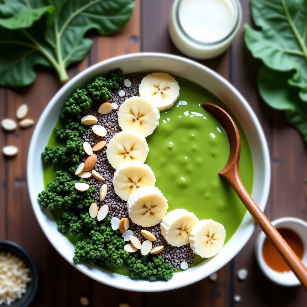Smoothie bowl verde vibrante en un bol de cerámica blanca, decorado con rodajas de plátano, semillas de chía, coco rallado y almendras fileteadas. Receta probiótica de kale y espinaca con kéfir, servido con cuchara de madera sobre fondo rústico.