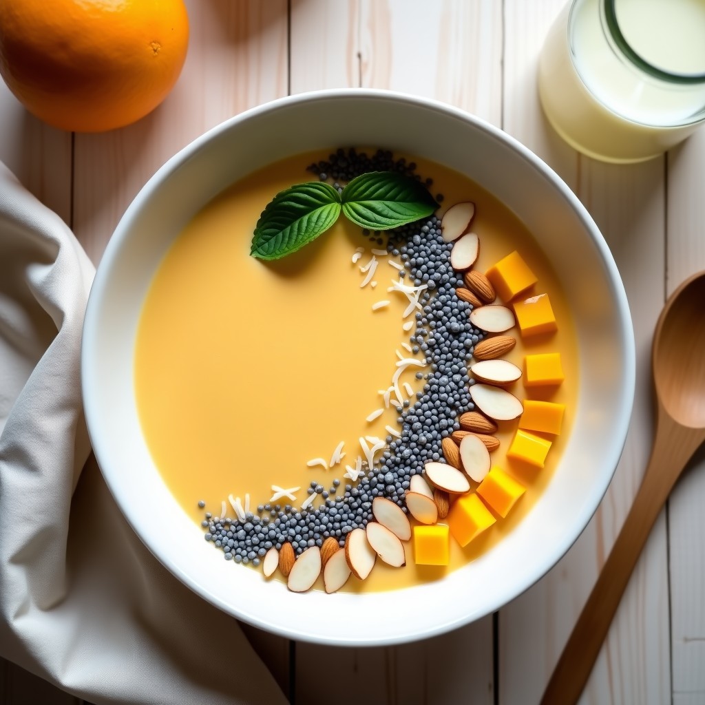 Smoothie Bowl de Kéfir de Agua con Mango y Semillas de Amapola en un bol blanco, con toppings de coco rallado, almendras fileteadas y hojas de menta. Desayuno probiótico sin lactosa con colores vibrantes.