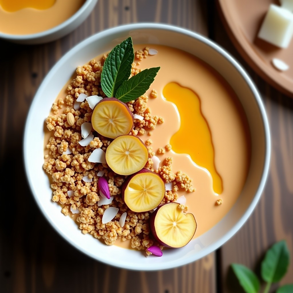 Smoothie Bowl de Lucuma y Plátano Macho con Granola de Amaranth en un bol blanco de cerámica, decorado con rodajas de plátano, granola dorada crujiente y un hilo de miel, sobre una mesa de madera rústica con fondo difuminado.