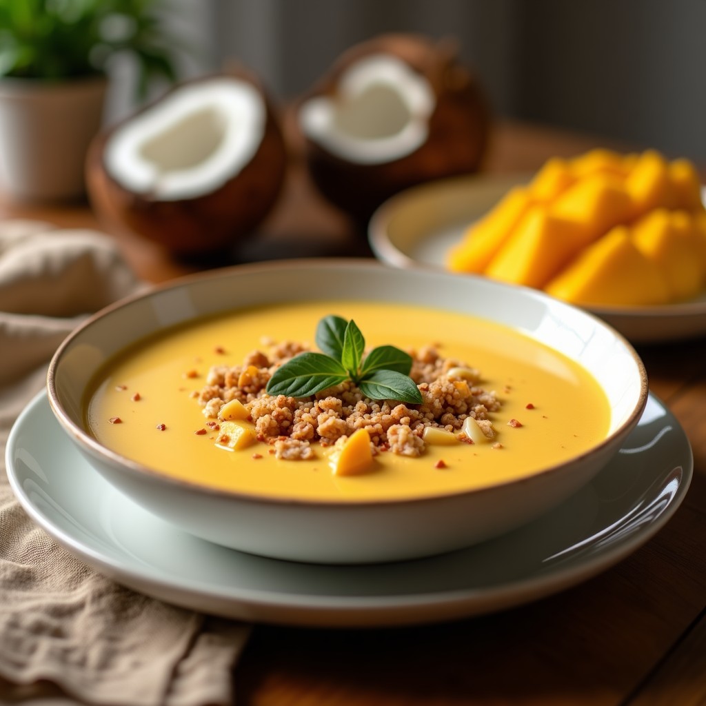 Smoothie bowl de mango y coco vegano en cuenco blanco, decorado con granola, coco rallado, arándanos, semillas de chía y hojas de menta, sobre fondo de madera clara.