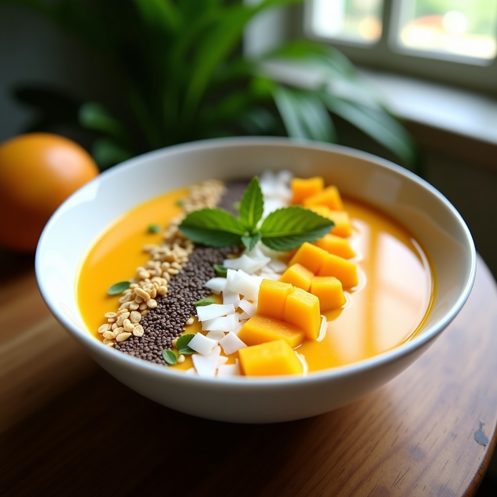 Smoothie Bowl de Mango Ataulfo y semillas de chía en un bowl blanco, decorado con rodajas de mango, granola, coco rallado, almendras y hojitas de menta, sobre una mesa de madera con luz natural.