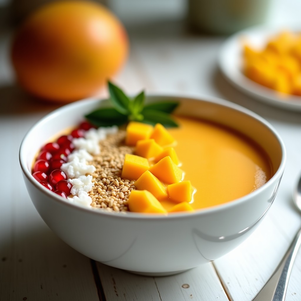 Smoothie Bowl de Mango y Semillas de Cáñamo en bowl blanco, con base cremosa de color amarillo dorado, decorado con coco rallado, semillas de cáñamo tostadas, granos de granada rojos, almendras fileteadas y hojas de menta fresca. Presentación tropical y crujiente.