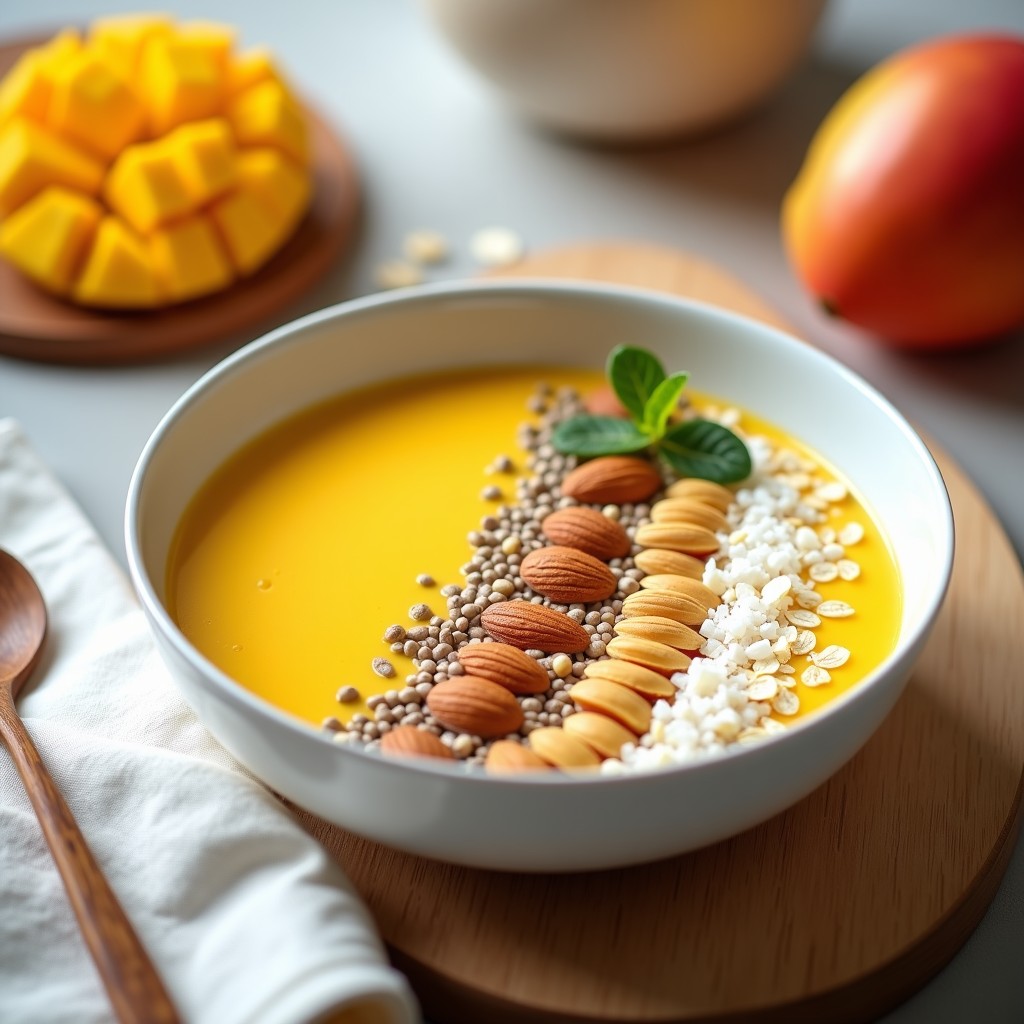 Smoothie bowl colorido en bol blanco con base cremosa de mango y chía, decorado con copos de avena, almendras fileteadas y coco rallado, receta proteinada para desayuno.
