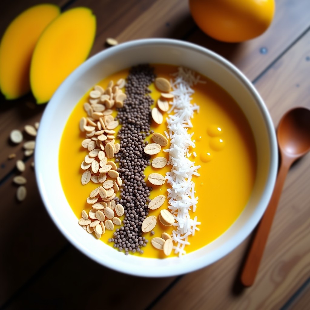 Smoothie bowl vibrante de color amarillo dorado, decorado con semillas de chía, avena, almendras fileteadas y coco rallado, en un bol de cerámica blanca sobre fondo de madera rústica.