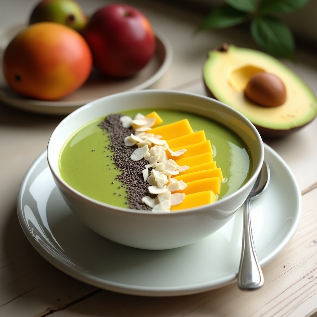 Smoothie bowl de mango y espinacas en bol blanco, decorado con semillas de chía, almendras fileteadas y coco rallado sobre fondo de madera clara.