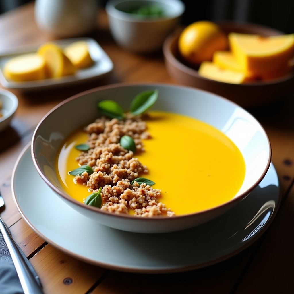Smoothie Bowl de Mango y Turmeric en bowl blanco con granola de quinoa dorada, frutos rojos y hojas de menta, desayuno antiinflamatorio colorido y texturizado.
