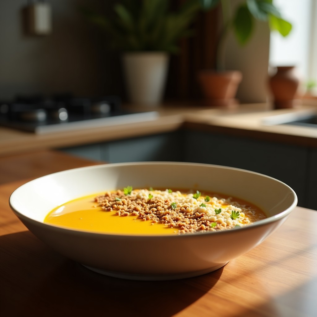 Smoothie bowl de mango y turmérico en un bol blanco con granola de quinoa crujiente, semillas de chía, sésamo y coco rallado. Fondos de tonos tropicales y texturas cremosas.