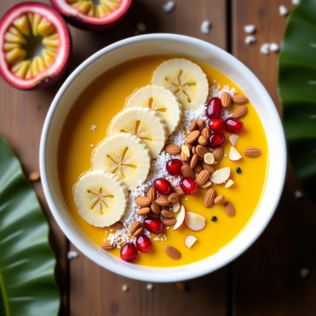 Smoothie bowl de maracuyá y plátano macho vegano en bol blanco, con base cremosa amarillo dorado, decorado con granola de coco, coco rallado tostado, almendras fileteadas y semillas de sésamo negro. Fondo con hojas de palma y luz natural.