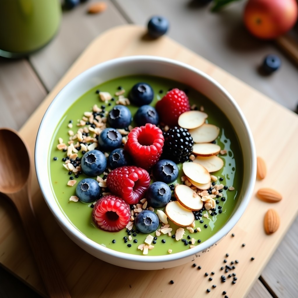 Smoothie bowl verde esmeralda de matcha y frutos del bosque en un bol de cerámica blanca, decorado con coco rallado, almendras fileteadas y virutas de cacao. Textura cremosa y toppings coloridos sobre fondo de madera clara, receta keto con toques japoneses.