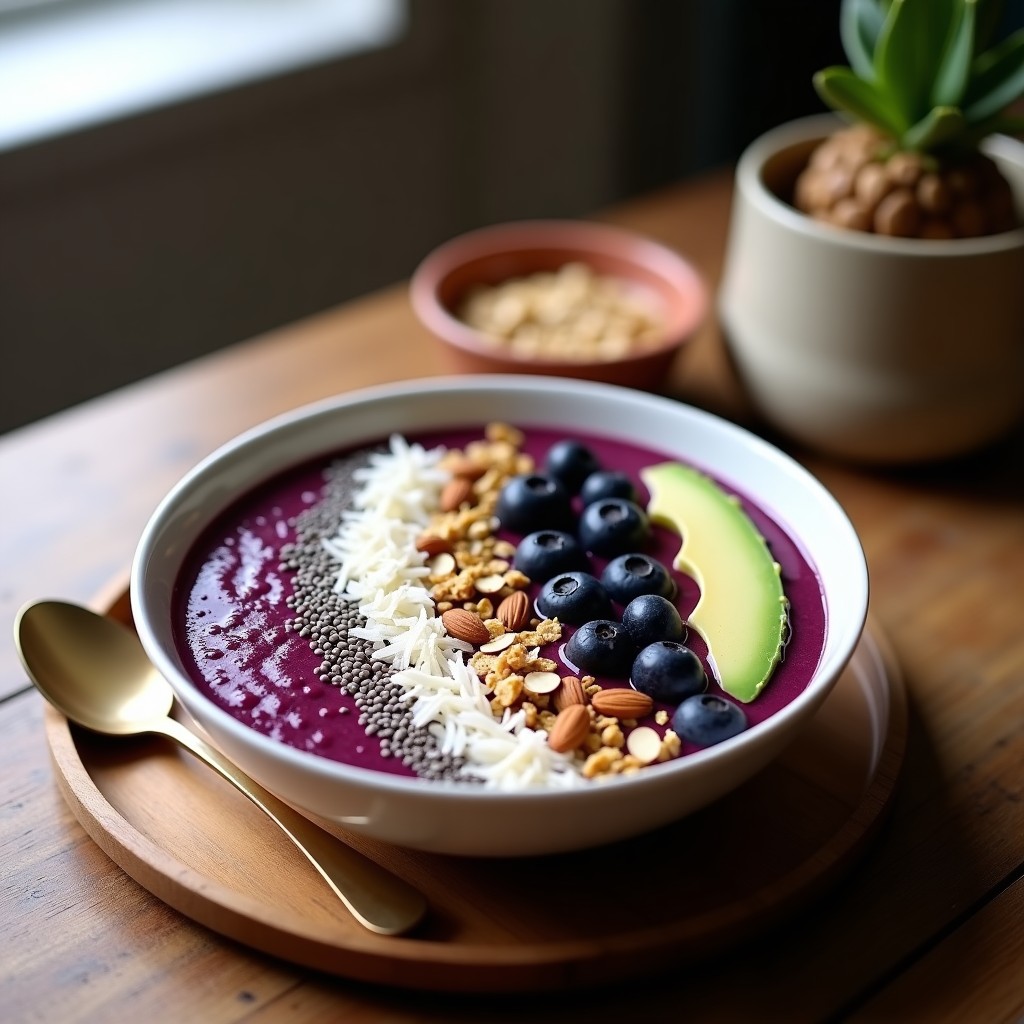 Smoothie bowl vegano en cuenco blanco con base morada de mora y arándano, decorado con aguacate, semillas de chía, coco rallado y granola crujiente.