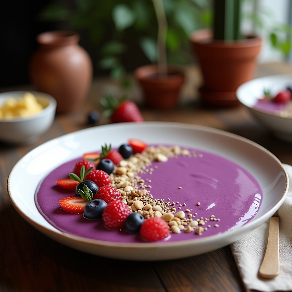 Smoothie bowl morado vibrante en un bol de cerámica blanca, decorado con arándanos, almendras fileteadas, semillas de chía y coco rallado, sobre un fondo de madera rústica.