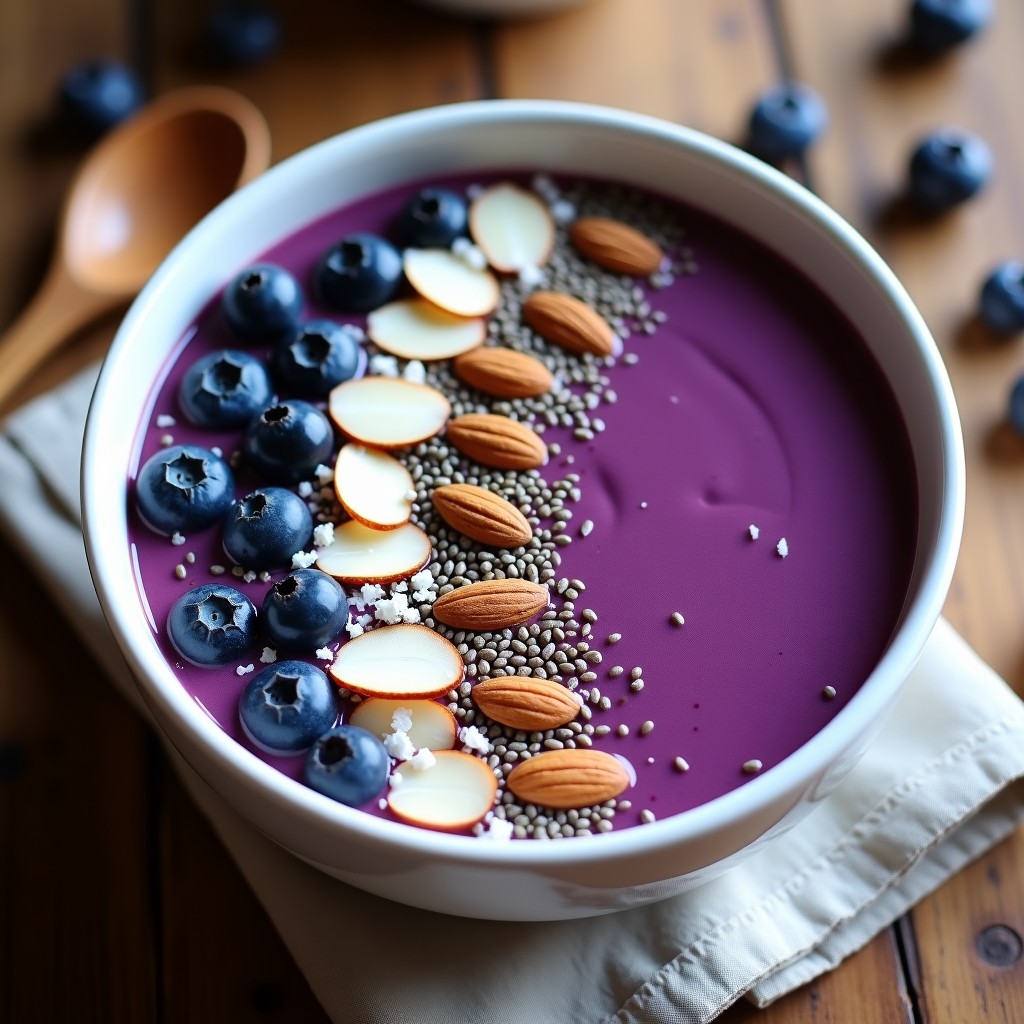 Smoothie bowl morado en un bol blanco con decoración de semillas de chía, almendras fileteadas y coco rallado, receta antiinflamatoria de col kale y arándanos.