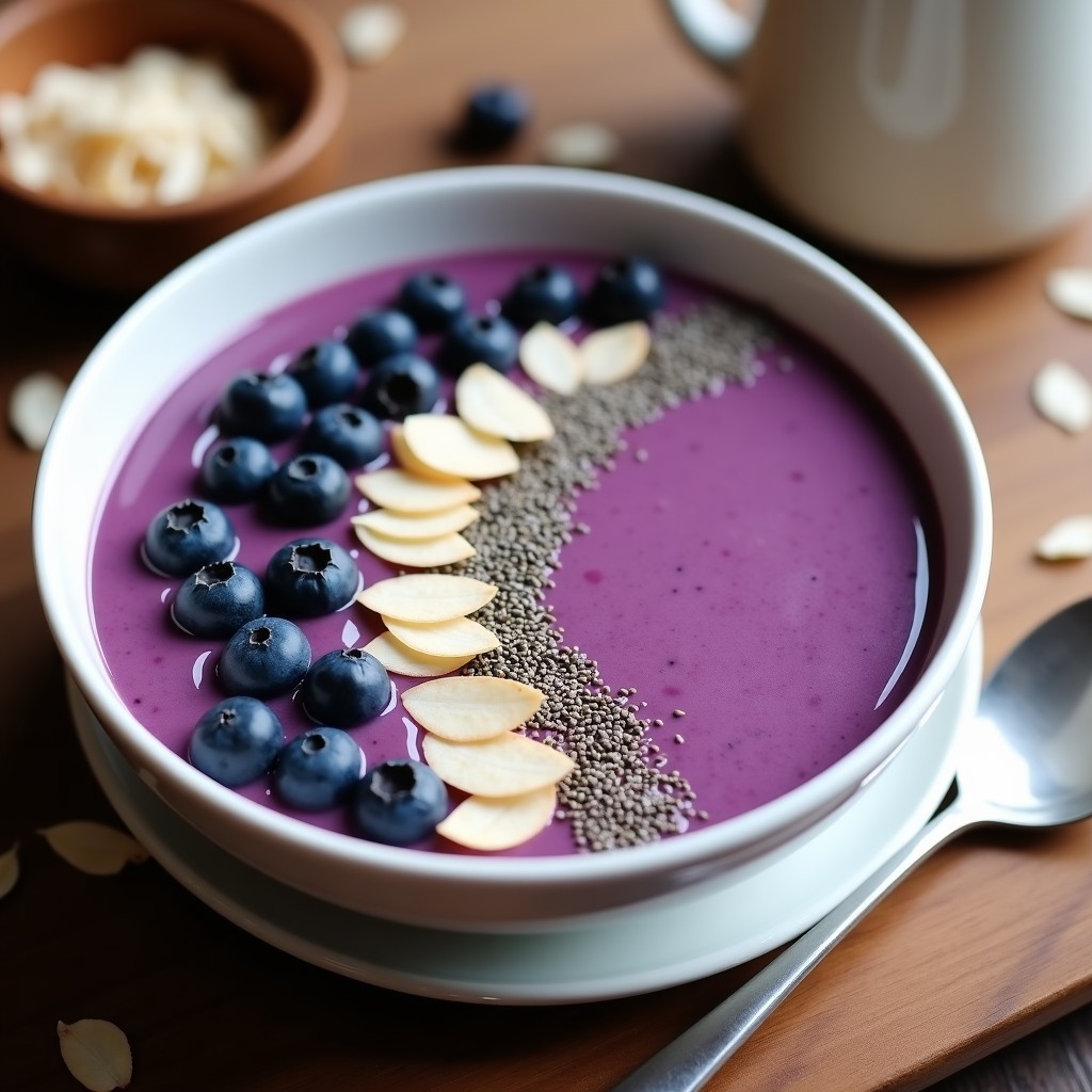 Smoothie bowl morado vibrante en un bol de cerámica blanca, decorado con arándanos, semillas de chía, avena, almendras fileteadas y coco rallado, sobre un fondo de madera rústica.